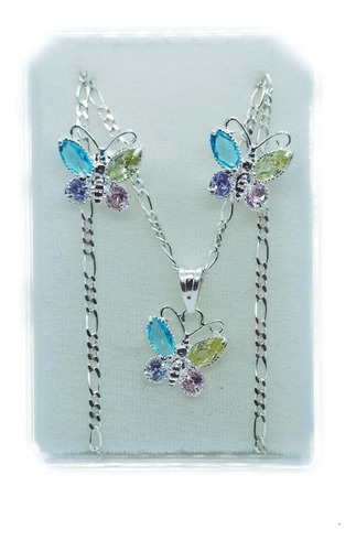 Collar De Mariposa Azul Zirconias  De Plata 925 Con Aretes +