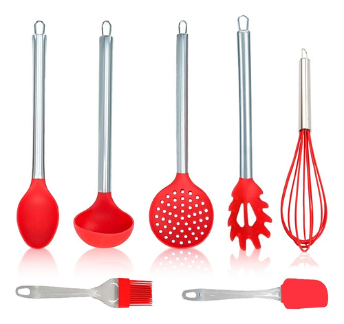 Jogo 7 Pçs Colheres De Silicone Cabo Inox Utensílios Cozinha