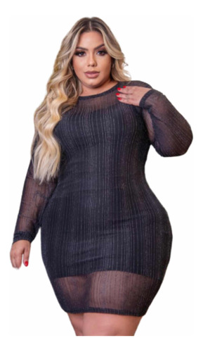  Vestido Tule Lurex Plus Size Manga Longa + Tubinho 