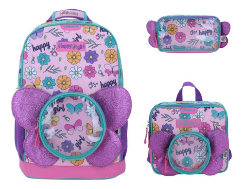 Kit De Mochila Lonchera Y Lapicera Happy Girl Mariposa Morada Primaria Backpack Vs1710