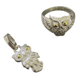 Combo Dije Y Anillo Macizo De Buho Lechuza Plata 925 Y Oro