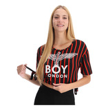 Crop Top Negro Dama Franjas Rojas Letras Blancas Boy London 