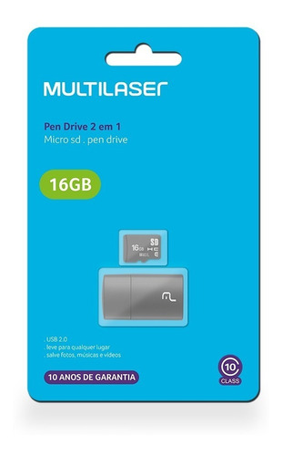 Cartão De Memória 16gb Pen Drive 2 Em 1 Micro Sd Multilaser