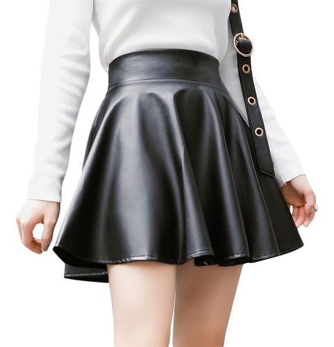 Mini Falda Corta Cuero Plisada Mujer Cintura Alta Elegant