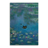 Pintura Al Óleo De Monet Con Lirios De Agua Y Gato Negro - D