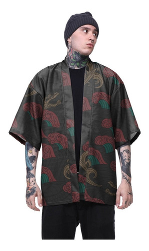 Kimono Haori Casaco Japonês Oni Cisne Floral Japão Onda Mar