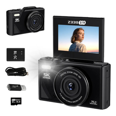 Kitbeez Cámara Digital, Cámara Retro Wifi De 75 Mp, 5k Uhd Con Zoom De 18x, Pantalla Abatible De 3 Pulgadas, Admite Cámaras Web, Cámara Portátil De Viajes Con Tarjeta 32gb Sd | Meses sin interés