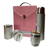 Set Matero Cartera Rosa Doble Manija Termo Acero 1 Litro Yerbera Azucarera Mate Bombilla Regalo Madre Maestra Señorita