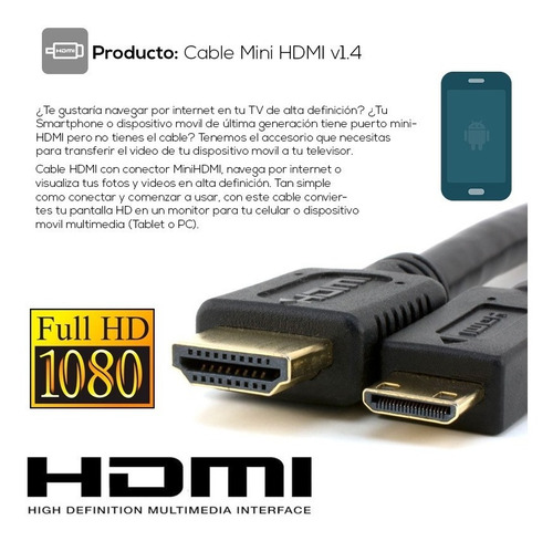 Cable 10 Mts Hdmi A Mini Hdmi Ideal Instal Domicil Full 1080