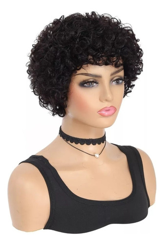 Perucas Pixie De Cabelo Humano De Onda Curly Com Franja