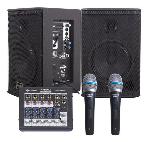Kit Caixa Saga 8 Ativa Passiva Mesa 6 Canais 2 Microfones
