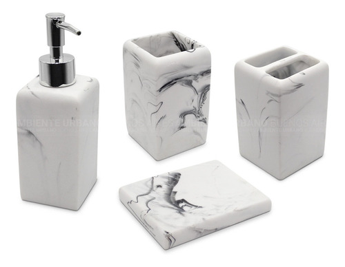 Set 4 Pz Baño Simil Carrara Dispenser Jabonera Vaso Cepillo