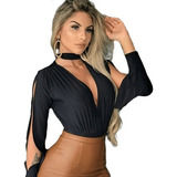 Body Blusa Manga Longa Aberta Choker Decote Roupa Feminina