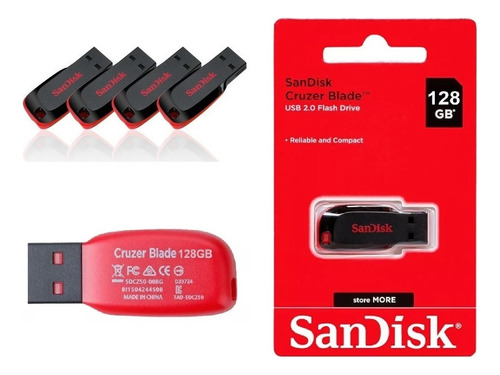 Kit 4 Pendrive Sandisk Cruzer Blade 128gb Preto E Vermelho