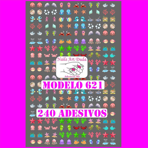 240 Adesivos De Unha 3d Pré Pronto Infantil Fundo Mar - 621