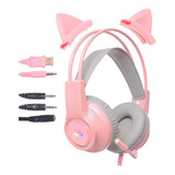 Headset Fone Gamer Led Rgb Rosa Gatinho Pc Cel Usb P2 Ps4