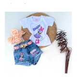 Conjunto Blusa Cropped Margarida Short Jeans Menina 