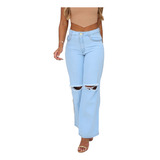 Calça Jeans Feminina Wide Leg Clara Rasgo Joelho