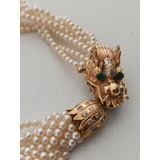 Hermoso Collar De Perlas, Oro 14k, Diamantes Y Esmeraldas