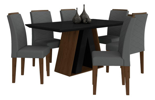 Mesa De Jantar 1,60 6 Cadeiras Suiça Imbu/preto/cinza - M.a Cor Imbuia/preto/suede Cinza