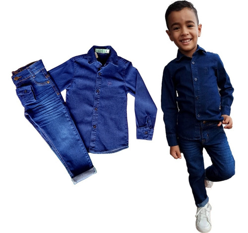 Roupas Infantil Masculina Camisa E Calça Jeans Escuro