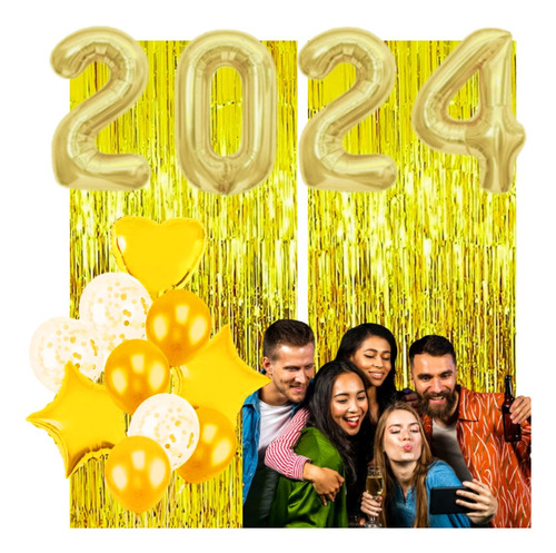 Kit Decoração Ano Novo Balão 2024 + 2 Cortina + 10 Balões
