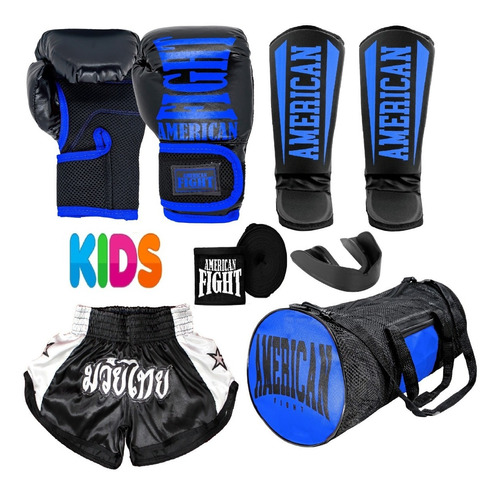 Kit Muay Thai Luva Caneleira Bolsa Shorts Buc Band Infantil