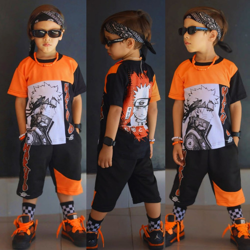 Conjunto Camiseta Naruto Masculino Bermuda Infantil Sasuke