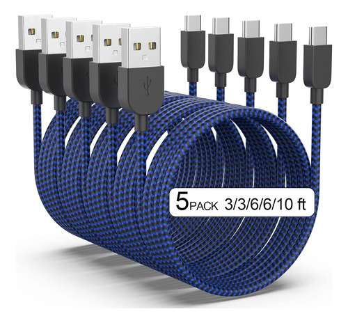 Kit De 5 Cables Usb Tipo C (3/3/6/6/6) Pies Carga Rapida