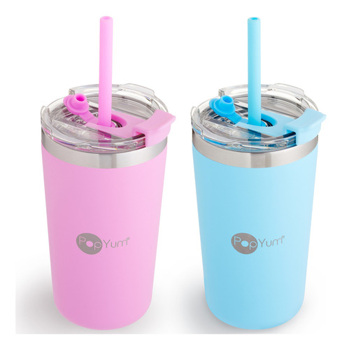 Popyum 2 Vasos Térmicos Infantil Tapa Y Popote 13oz Antifuga Color Rosa Y Azul Liso