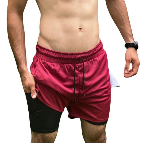 Shorts 2 Em 1 Esportivo Academia Dryfit Toalha De Brinde