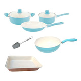 Set Ollas Asadera Wok 28 Cm Hudson Cerámica Antiadhe Celeste