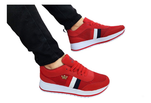 Tenis Dama Casual Plataforma Sneakers Rojo Tricolor Adorno