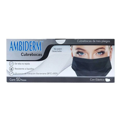 Cubrebocas Ambiderm Negro Plisado Tricapa Termosellado 50pz | Envío gratis