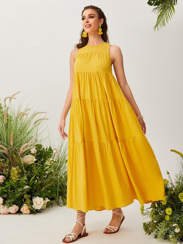 Vestido Amarillo Unicolor De Espalda Con Abertura De Ojo