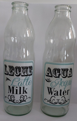 Botella De Vidrio Decorada Agua Y Leche .-