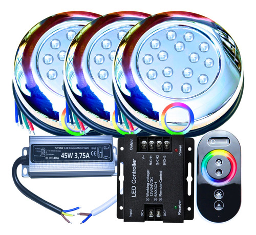 Kit 03 Refletor Led Ip68 Rgb 15w + Controle + Fonte Blindada