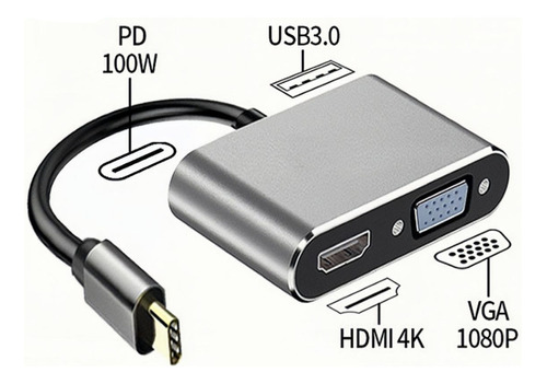 Adaptador Usb C Hub 4 En 1  Hdmi 4k / Vga / Tipo C / Usb 3.0