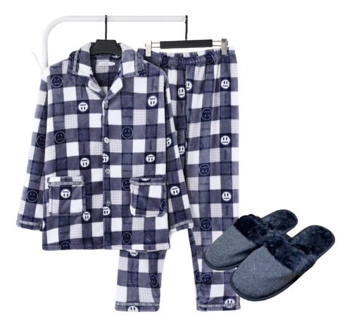 Pijama Hombre Forro Polar Conjunto + Pantuflas Regalo Papá