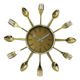 Relógio De Parece Cozinha Dourado Talher Garfo Colher Decora