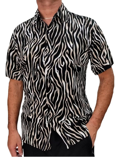 Camisa Masculina Social Estampada Manga Curta Animal Print 