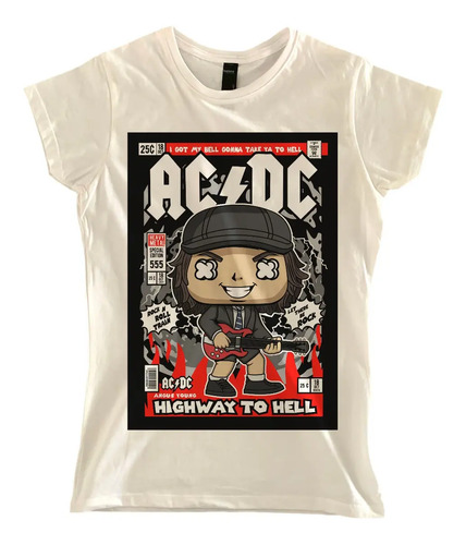 Playera Angus Young Ac/dc Cartoon Dama Impresa 100% Algodón