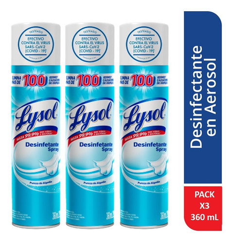 Lysol (3 Pack) Desinfectante Spray Pureza Algodón 360ml/295g