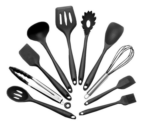 Jogo 10 Colheres De Silicone Utensílios Cozinha Cabo Inox Cor Preto