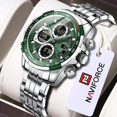Reloj Cuarzo NAVIFORCE Hombre Multifuncional E Impermeable Pantalla Doble Plata Acero Inoxidable Verde Plateado | Envío gratis