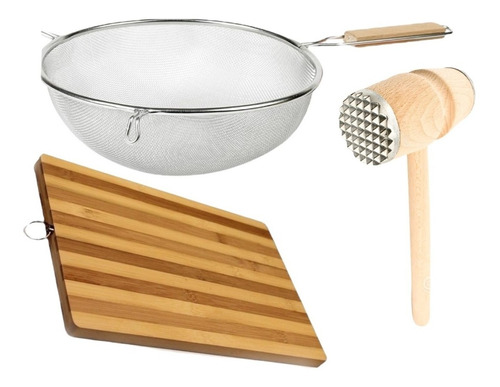 Kit Tabla De Picar + Martilllo Para Carne + Colador Escurrir