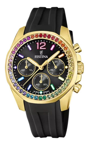 Reloj Para Mujer Festina Boyfriend Collection F20650/3 Negro Color De La Correa Dorado