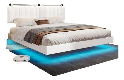 Base De Cama Flotante King Led Ajustable Cuero Vegano Blanco