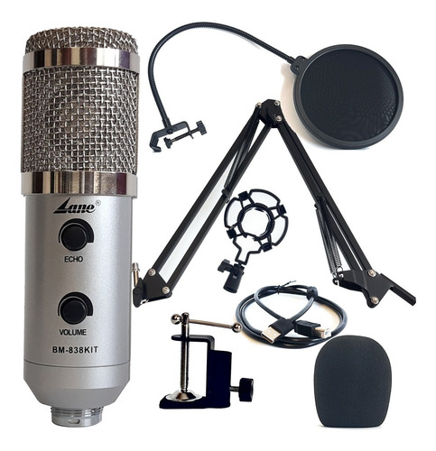 Microfono Condenser Usb Lane Bm-838 Kit Brazo Araña Filtro