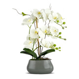 Flores Artificiales De Orquídea Blanca Con Jarrón Gris, Arre